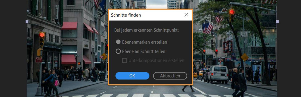 Das Dialogfeld „Schnitte finden“ ist geöffnet und es gibt Optionen zum Erstellen von Ebenengeneratoren oder zum Teilen von Ebenen, wenn ein Schnittpunkt im Filmmaterial erkannt wird.