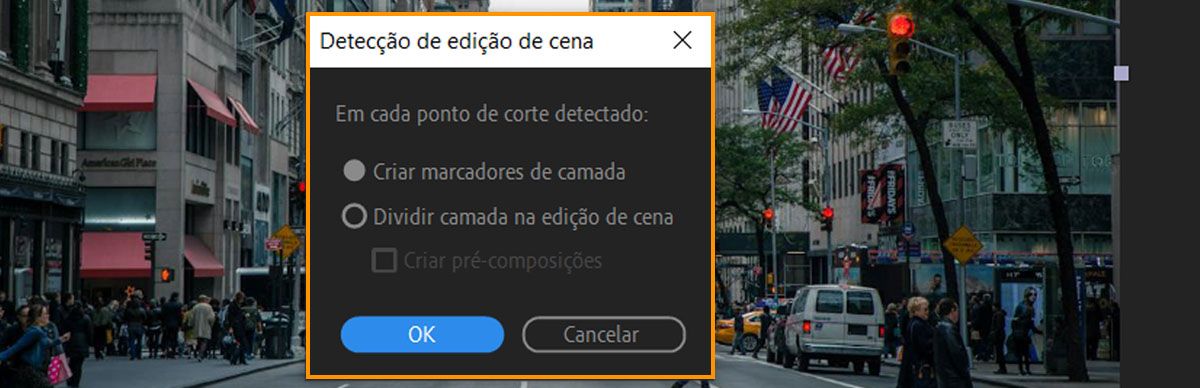 A caixa de diálogo Detecção de edição de cena será aberta com opções para criar marcadores de camadas ou dividir camadas quando um ponto de corte na gravação é detectado.