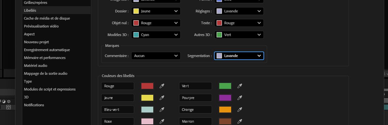 La boîte de dialogue Préférences s’ouvre et propose des options pour personnaliser la couleur du libellé, y compris les marqueurs de commentaire et de segmentation.