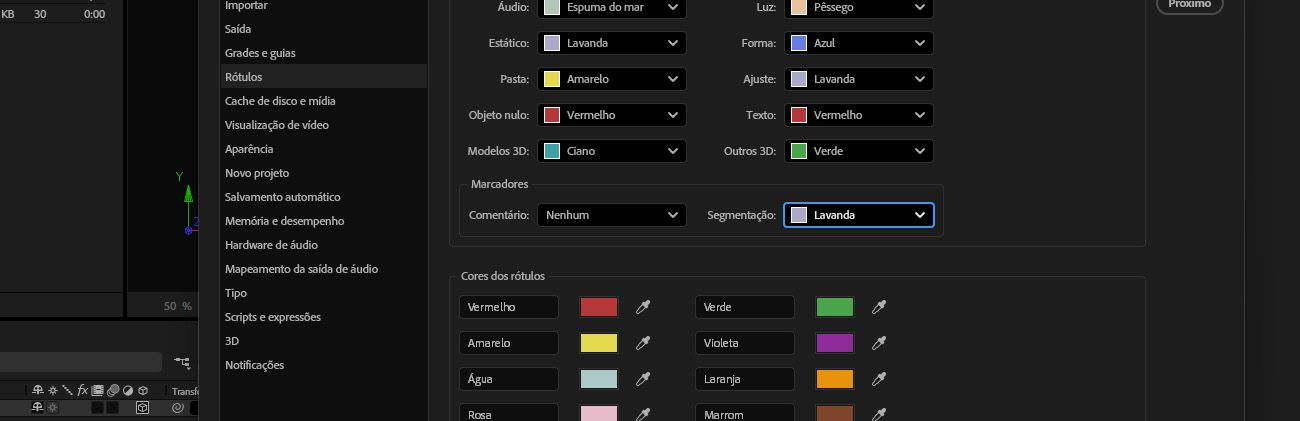 A caixa de diálogo Preferências será aberta com opções para personalizar a cor do rótulo, incluindo marcadores de comentário e de segmentação.