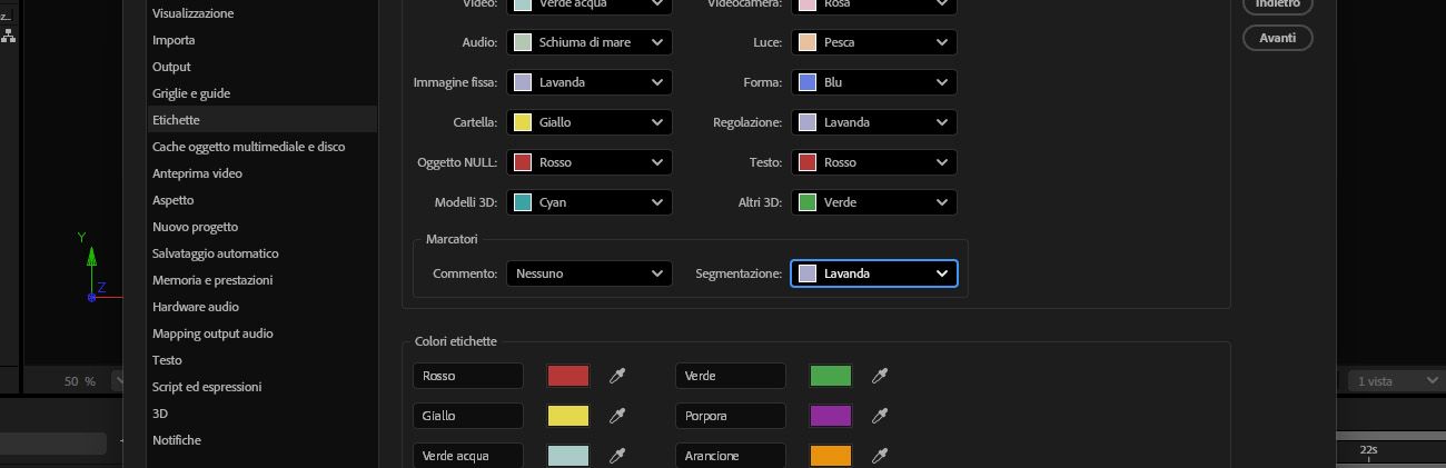 Finestra di dialogo Preferenze aperta con disponibili opzioni per personalizzare il colore dell’etichetta, inclusi i marcatori di commento e segmentazione.
