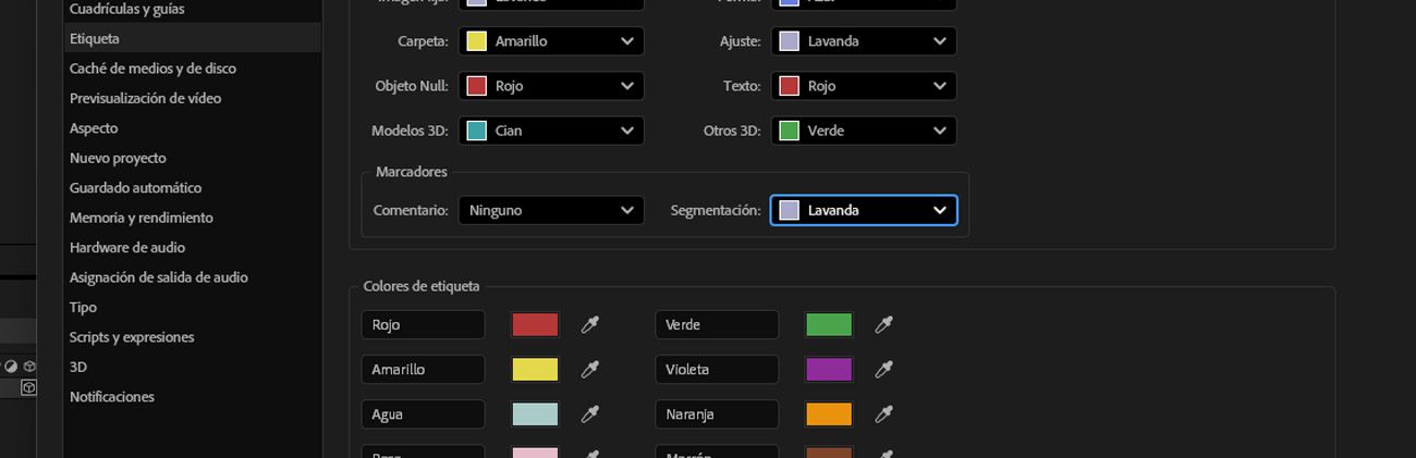 Se abre el cuadro de diálogo Preferencias y hay opciones para personalizar el color de las etiquetas, incluidos los marcadores Comentario y Segmentación.