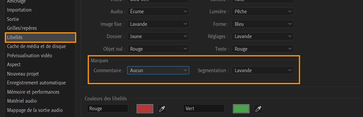 La boîte de dialogue Préférences s’ouvre et propose des options pour personnaliser la couleur du libellé, y compris les marqueurs de commentaire et de segmentation.