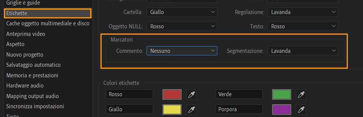 Finestra di dialogo Preferenze aperta con disponibili opzioni per personalizzare il colore dell’etichetta, inclusi i marcatori di commento e segmentazione.