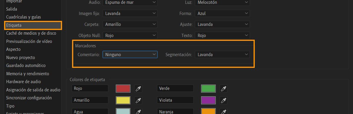 Se abre el cuadro de diálogo Preferencias y hay opciones para personalizar el color de las etiquetas, incluidos los marcadores Comentario y Segmentación.