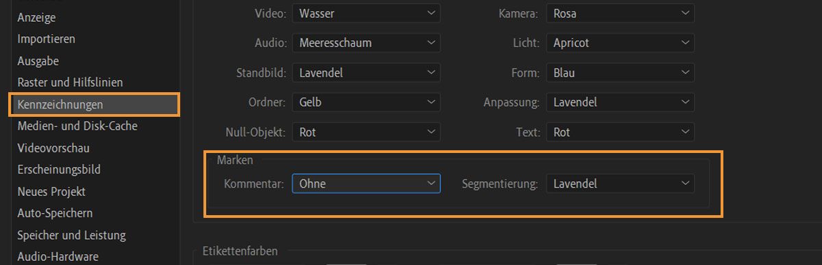 Das Dialogfeld „Voreinstellungen“ ist geöffnet und bietet Optionen zur Anpassung der Beschriftungsfarbe, einschließlich der Markierungen für Kommentare und Segmentierung.