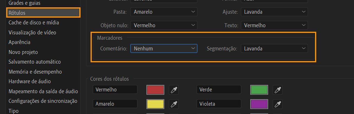 A caixa de diálogo Preferências será aberta com opções para personalizar a cor do rótulo, incluindo marcadores de comentário e de segmentação.