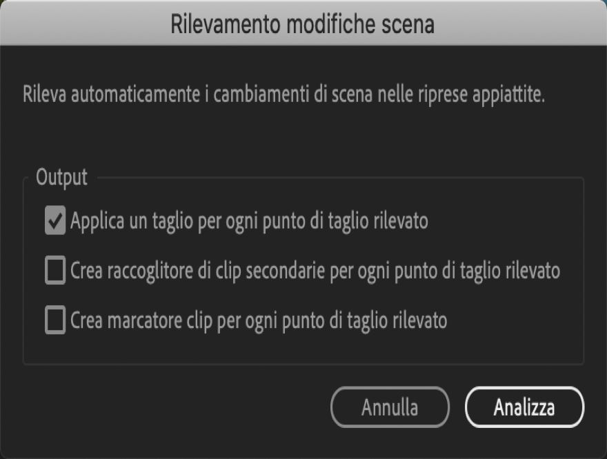 La finestra di dialogo del rilevamento modifiche scena