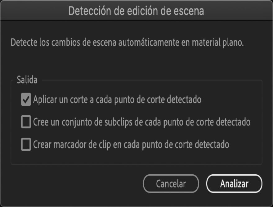 El cuadro de diálogo Detección de edición de escena