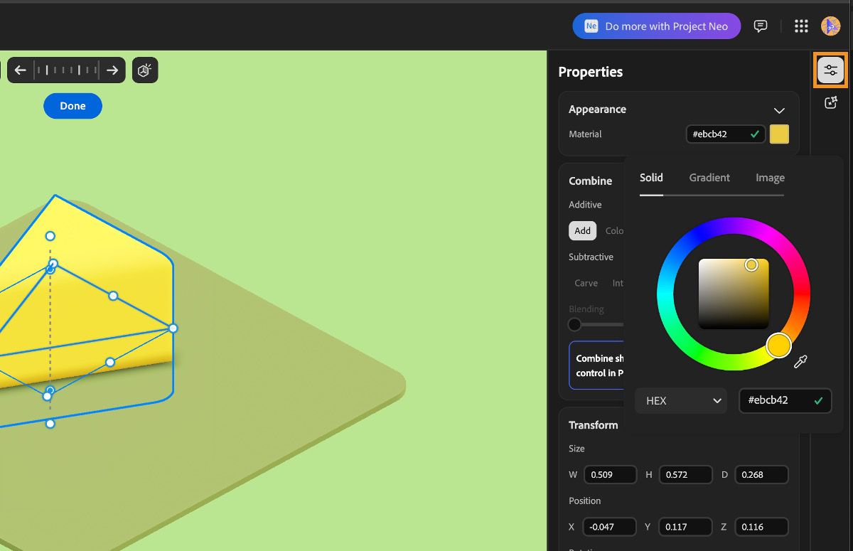 In the Properties section, you can modify the appearance and position of the selected 3D object.