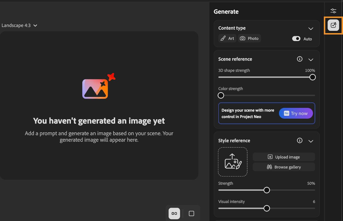 画像生成コントロールを展開する 右パネルの Adobe Firefly アイコン。