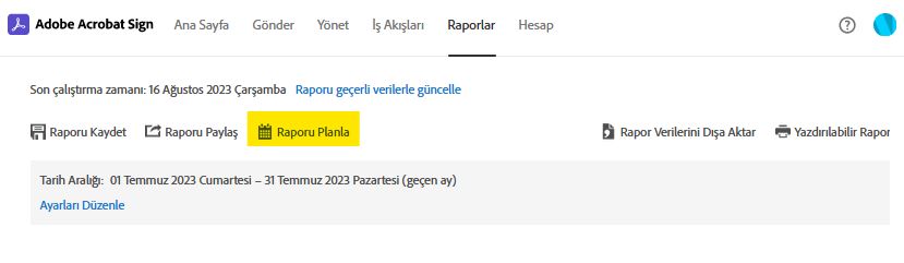 Rapor sayfası seçeneği - Raporu Planla