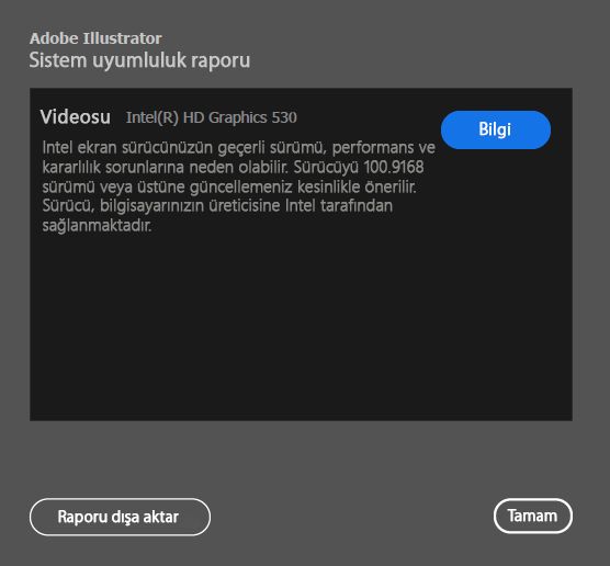 INTEL GPU sürücüleri için sistem uyumluluğu raporu