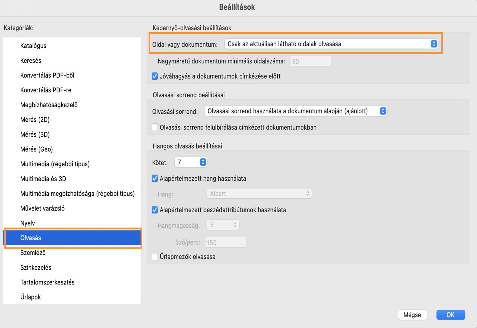 Képernyő-olvasási beállítások