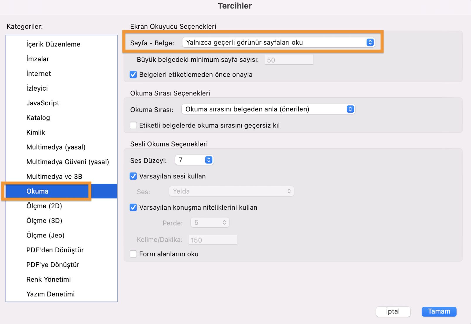 Ekran okuyucu seçenekleri