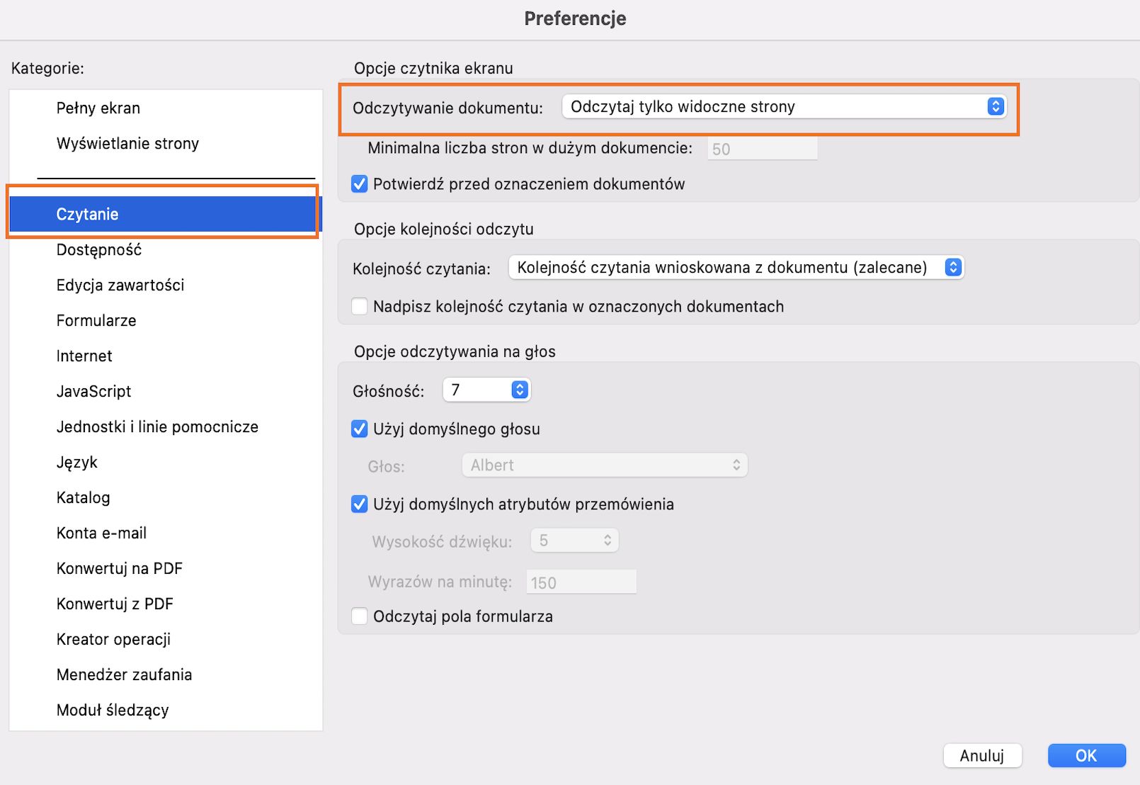 Opcje czytnika ekranu