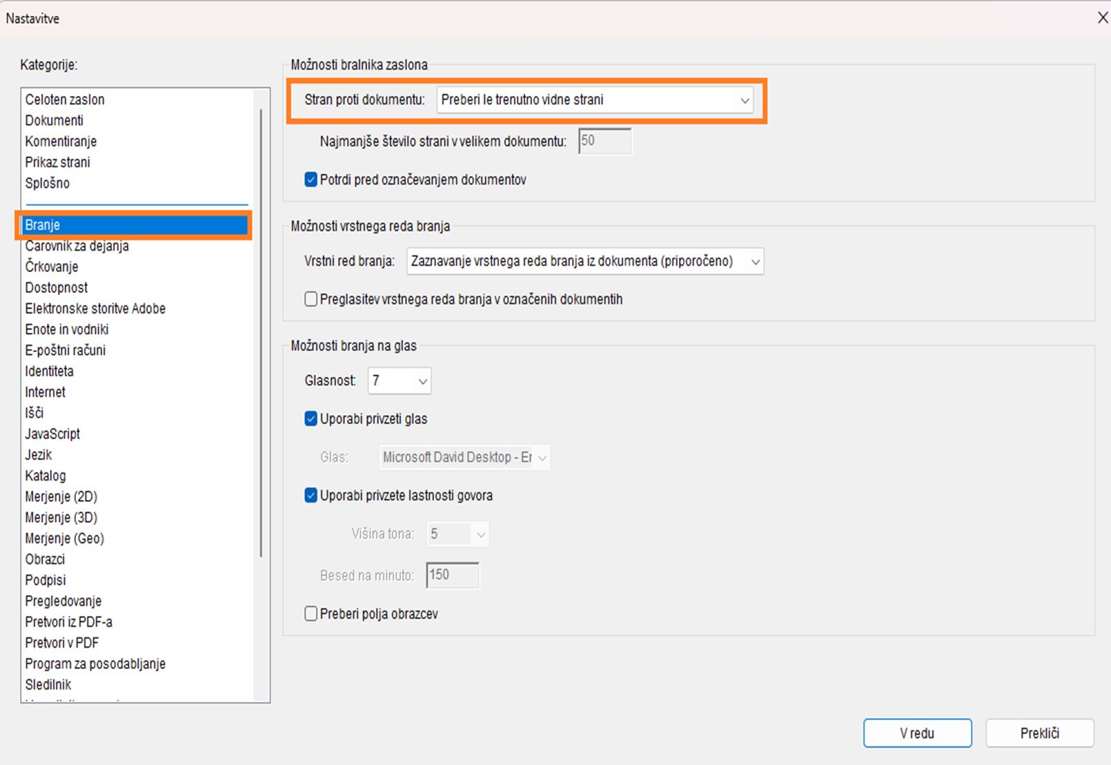 Možnosti bralnika zaslona