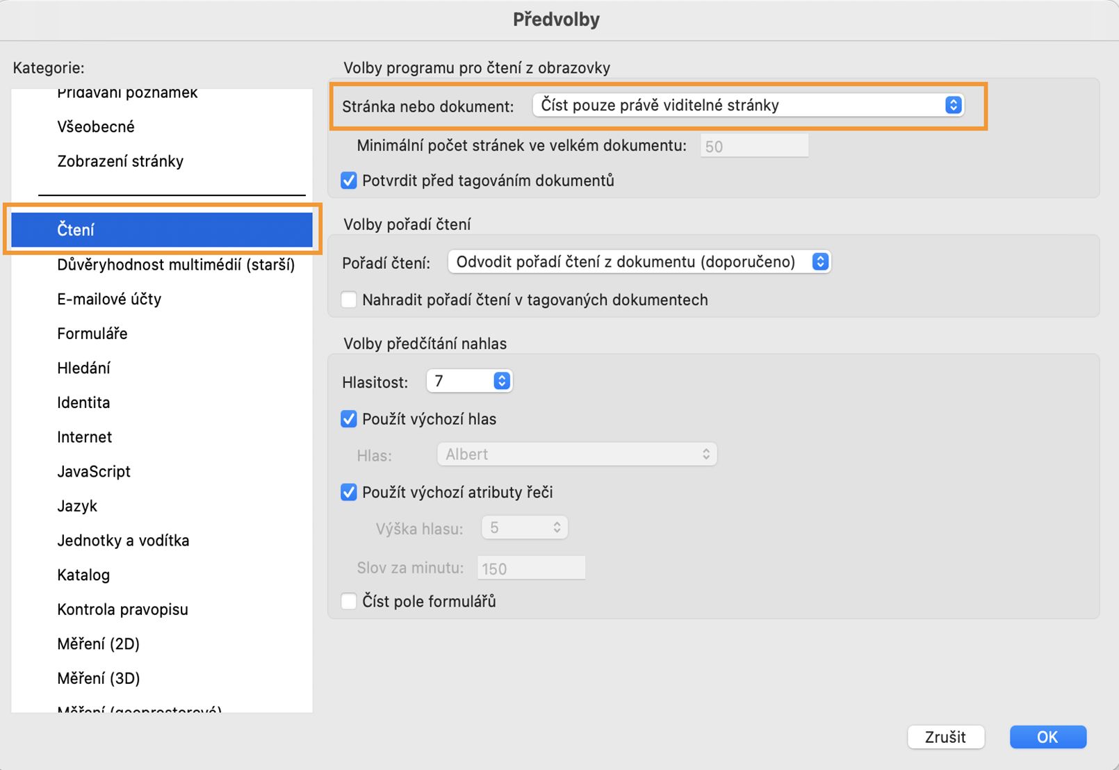Možnosti programu pro čtení z obrazovky
