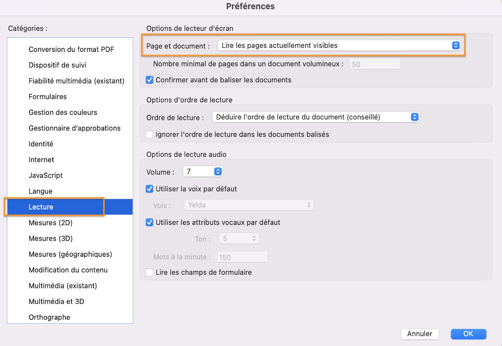 Options de lecteur d’écran