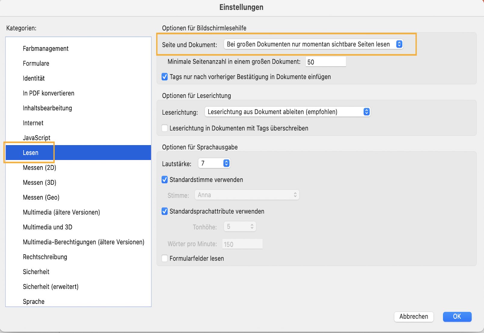 Optionen für Bildschirmlesehilfe