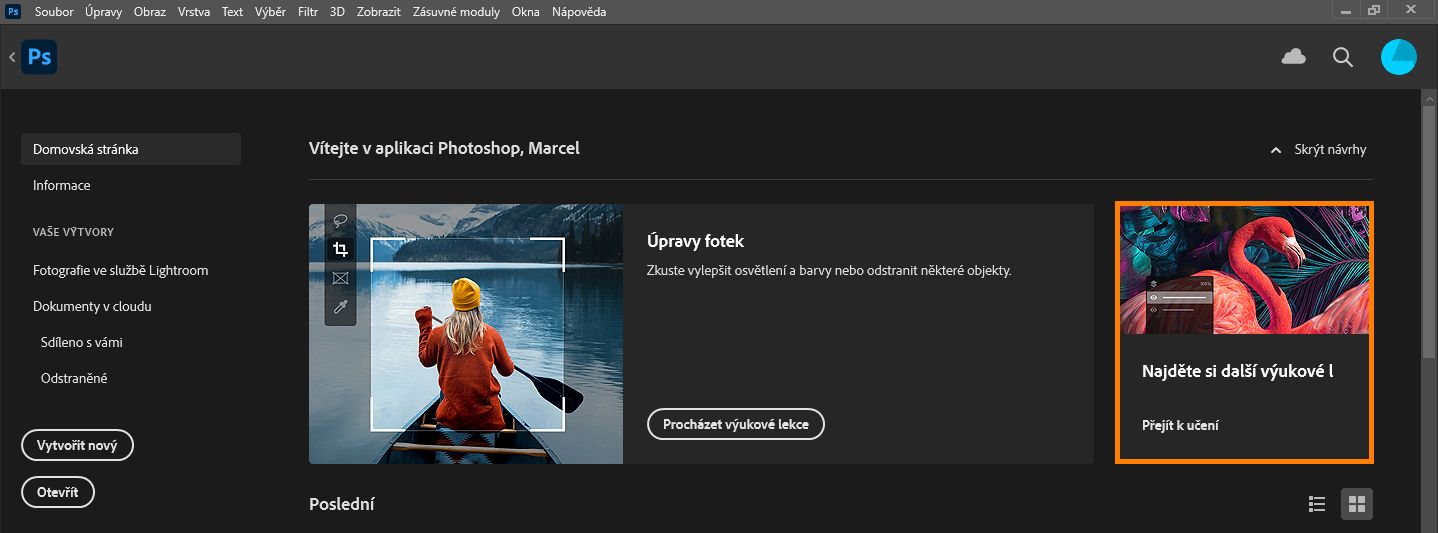 Obrazovka Co je nového v aplikaci Photoshop