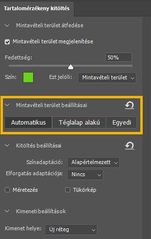 Mintavételi terület beállításai