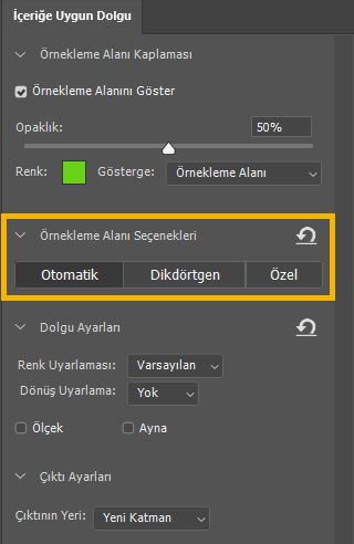 Örnekleme Alanı seçenekleri
