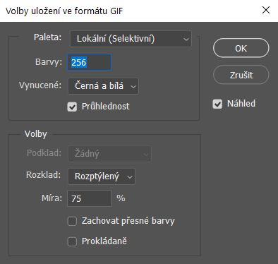 Volby uložení ve formátu GIF