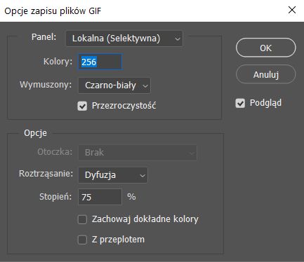 Okno dialogowe Opcje zapisu plików GIF
