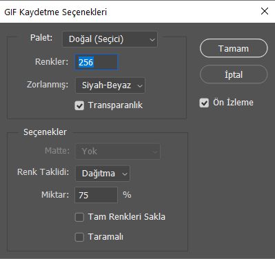 GIF Kaydetme Seçenekleri iletişim kutusu
