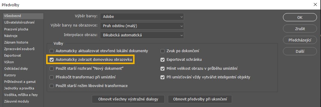 Automaticky zobrazit domovskou obrazovku