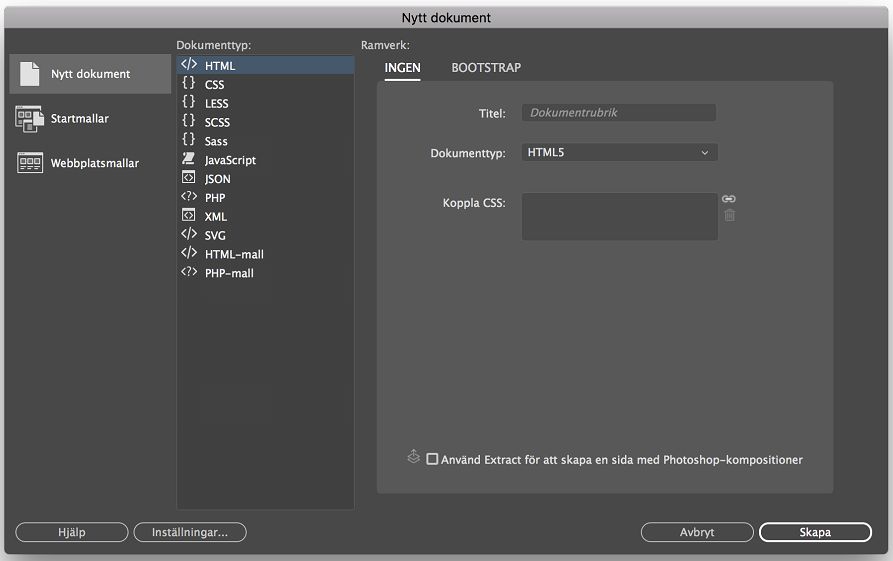 Skapa en ny kodfil i Dreamweaver