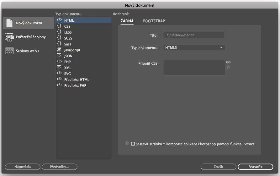 Vytvoření nového souboru s kódem v aplikaci Dreamweaver