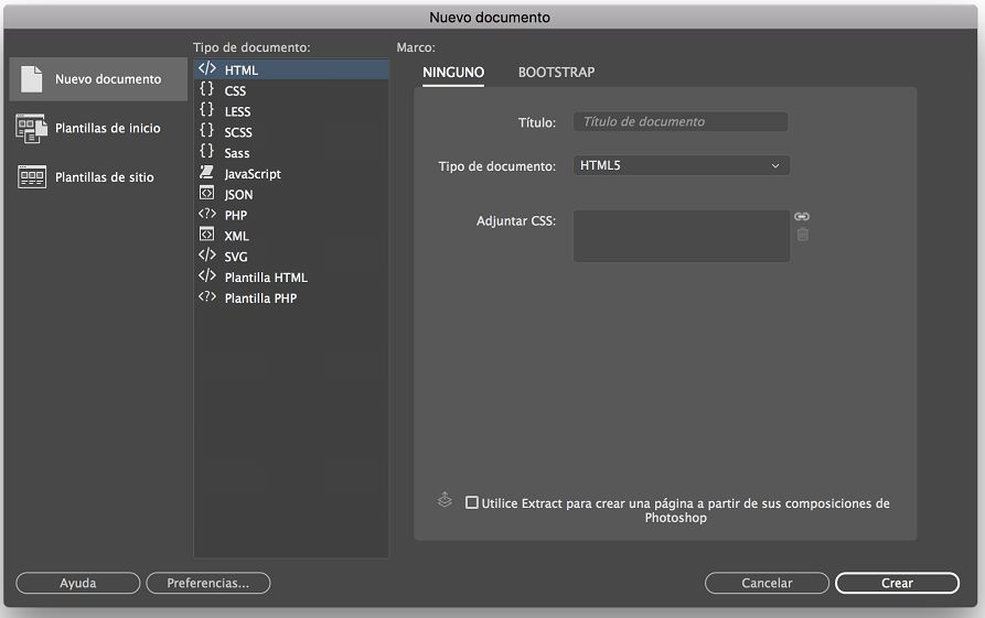 Creación de un nuevo archivo de código en Dreamweaver