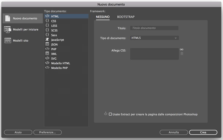 Creare un nuovo file di codice in Dreamweaver