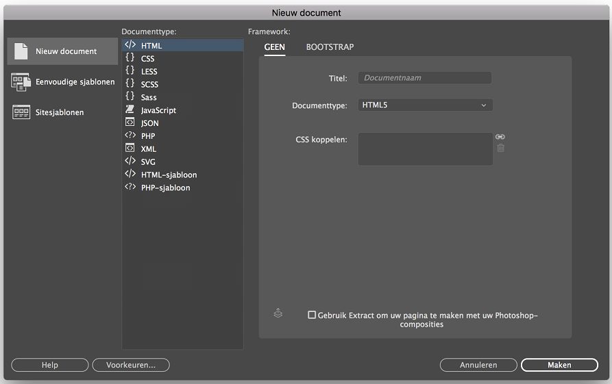 Een nieuw codebestand maken in Dreamweaver