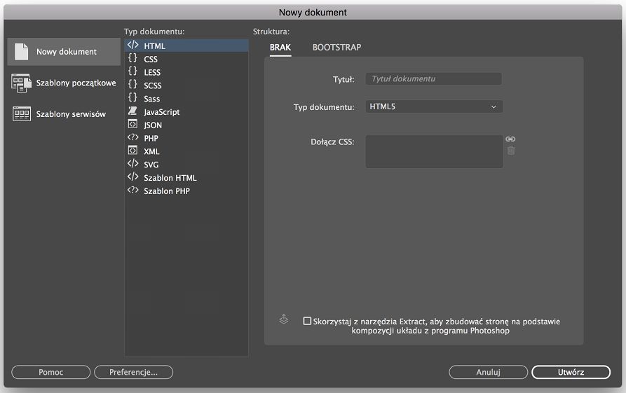 Tworzenie nowego pliku kodu w programie Dreamweaver