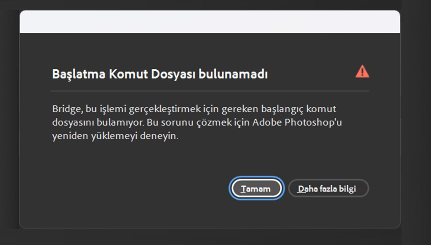Başlatma Komut Dosyası bulunamadı hatası iletişim kutusu ekranda gösteriliyor ve Tamam düğmesi vurgulanıyor.
