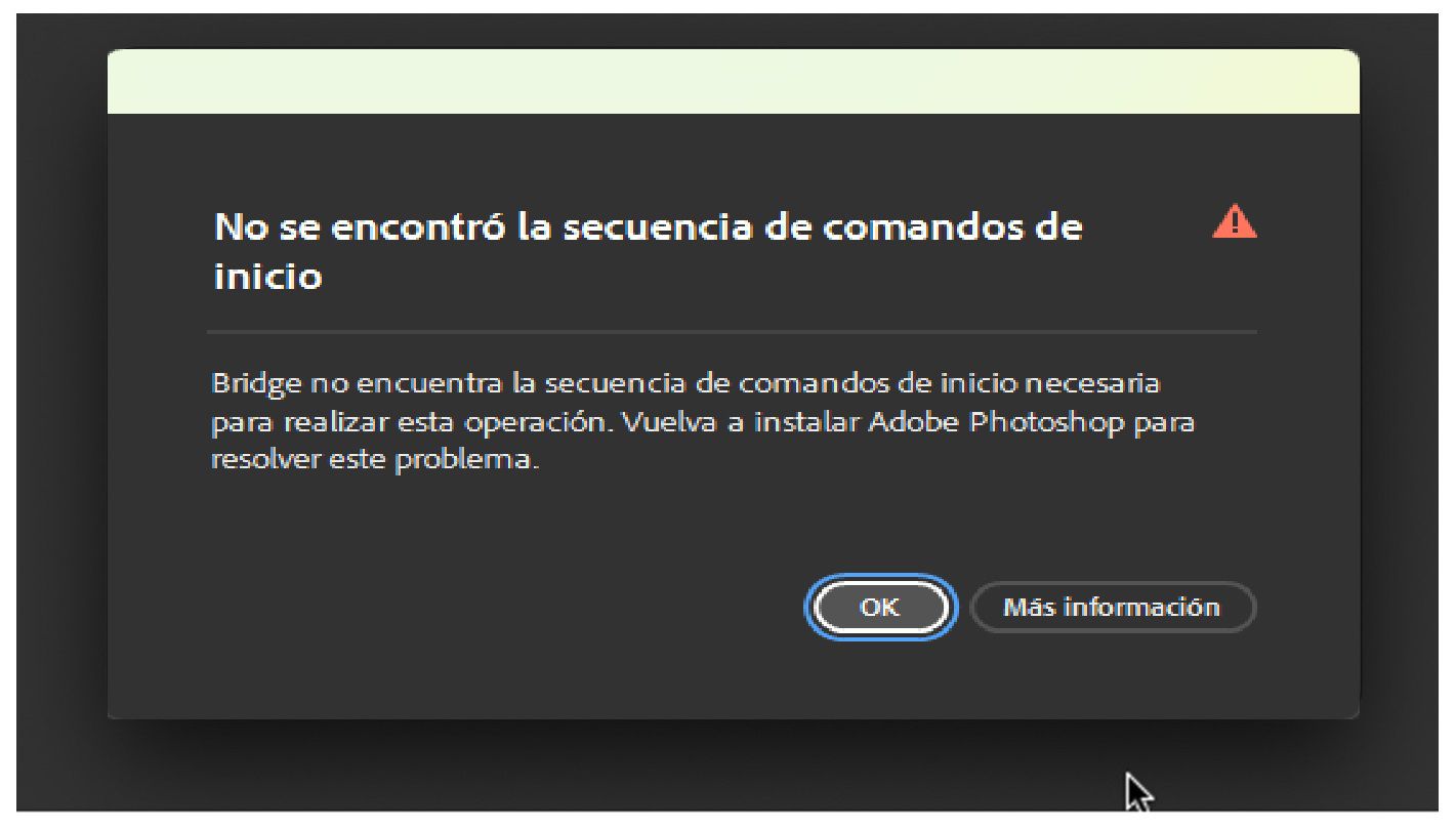 Se muestra el cuadro de diálogo del error No se encontró la secuencia de comandos de inicio y el botón Aceptar aparece destacado.