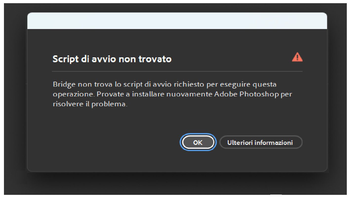 La finestra di dialogo per l'errore Script di avvio non trovato viene visualizzata e viene evidenziato il pulsante OK.