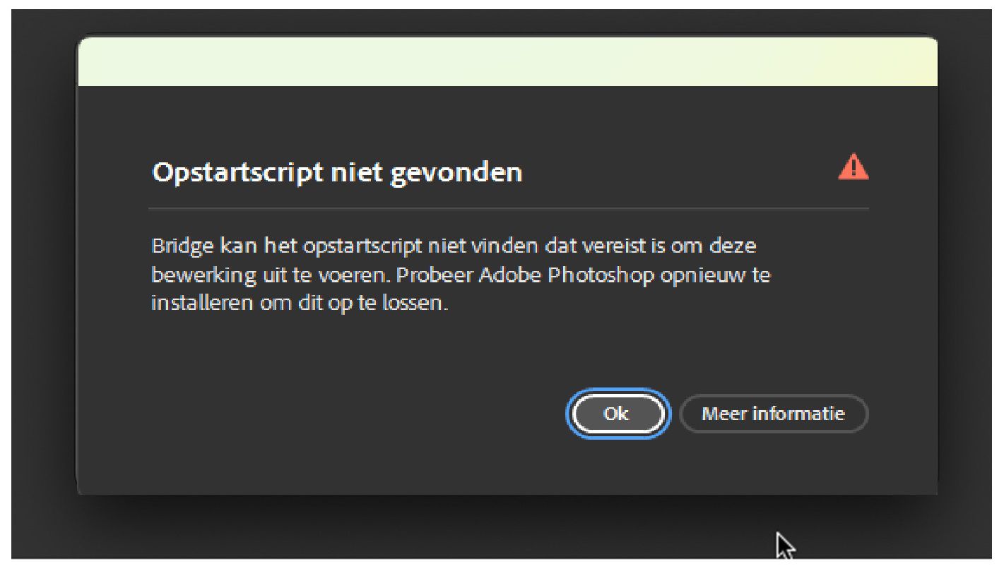 De foutmelding 'Opstartscript niet gevonden' wordt weergegeven op het scherm en de knop OK is gemarkeerd.