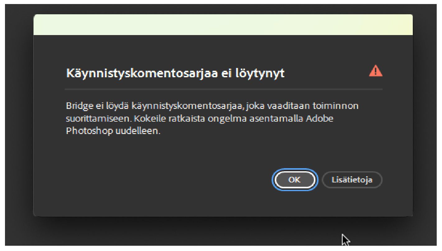 Näytössä näkyy Käynnistyskomentosarjaa ei löytynyt -virheen valintaikkuna, ja OK-painike on korostettuna.