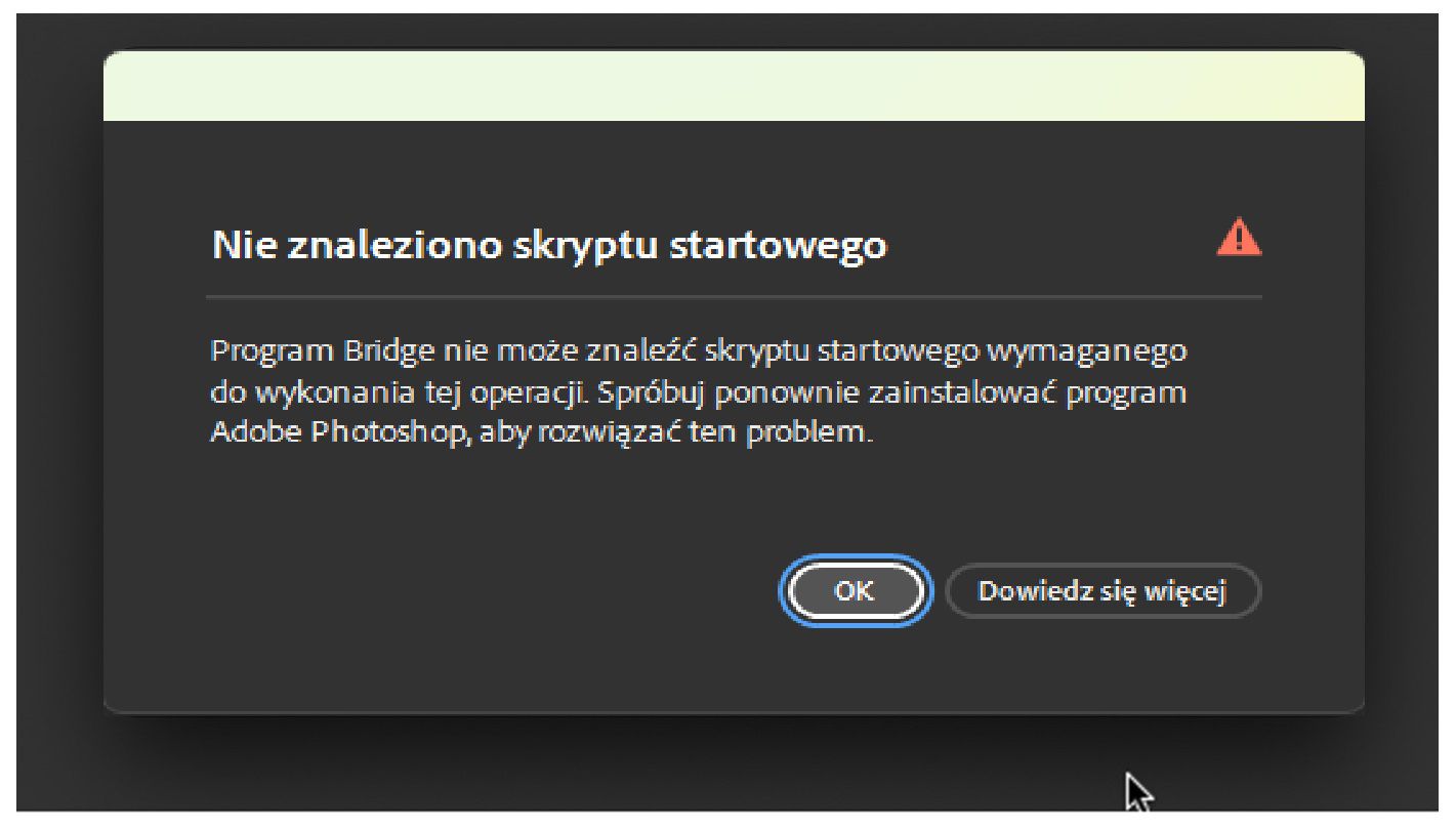 Okno dialogowe błędu „Nie znaleziono skryptu startowego” wyświetlone na ekranie, podświetlony przycisk OK.