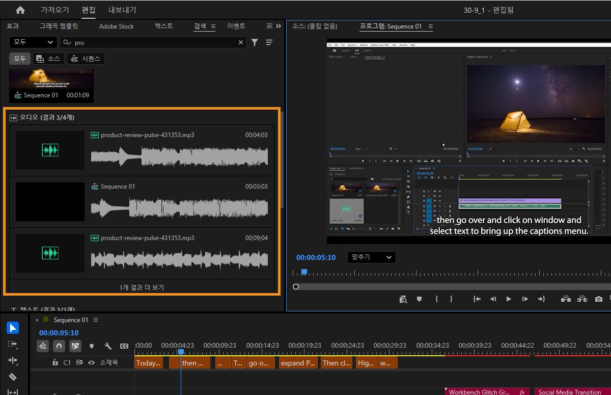 오디오 검색 쿼리와 일치하는 클립을 보여주는 Premiere의 검색 패널입니다.