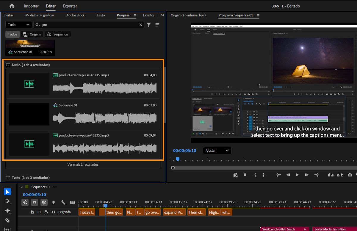 Painel “Pesquisar” do Premiere, mostrando clipes que correspondem à pesquisa de consulta de áudio.