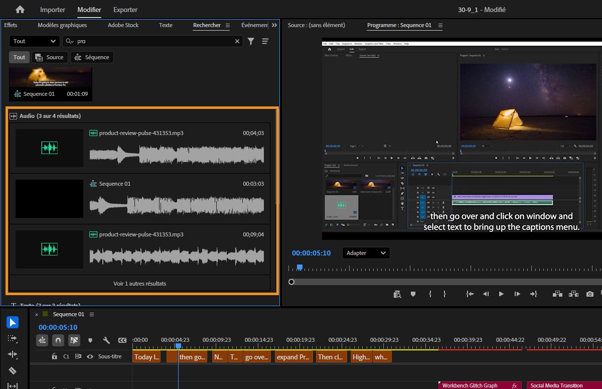 Panneau de recherche dans Premiere montrant les clips qui correspondent à la requête de recherche audio