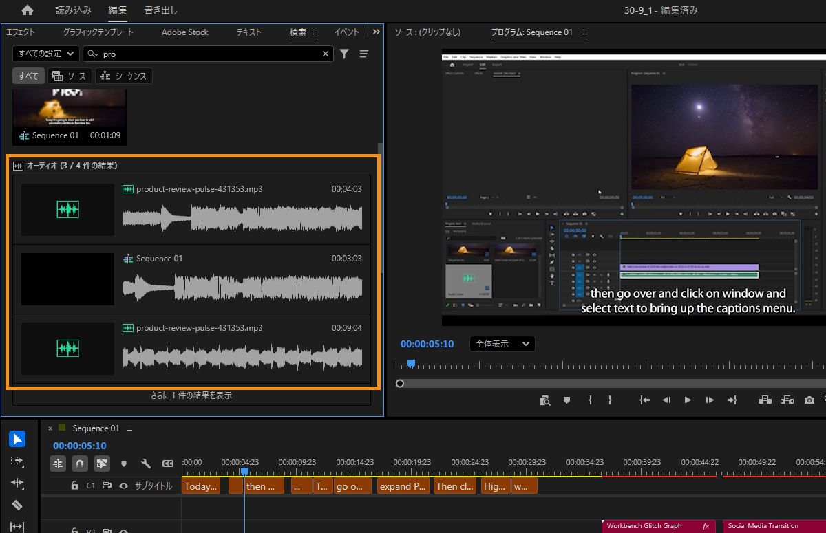 オーディオ検索クエリに一致するクリップが表示された Premiere の検索パネル。