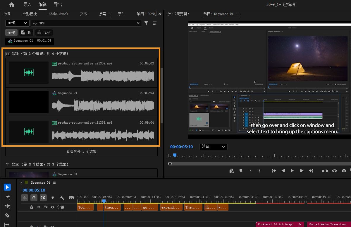 Premiere 中的搜索面板显示与音频搜索查询匹配的剪辑。
