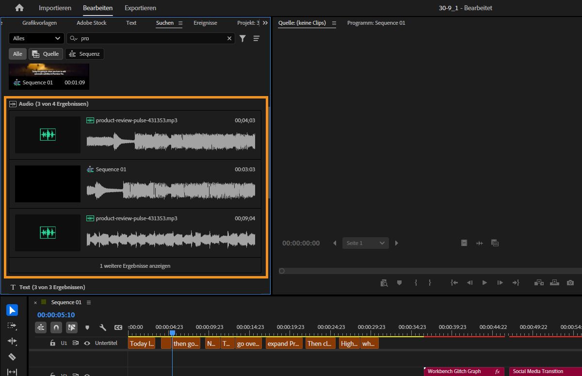Bedienfeld „Suchen“ in Premiere mit Clips, die der Audio-Suchanfrage entsprechen.