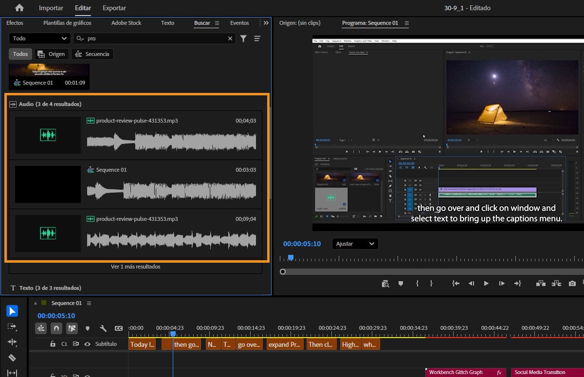 Panel Search en Premiere mostrando clips que coinciden con la consulta de búsqueda de audio.